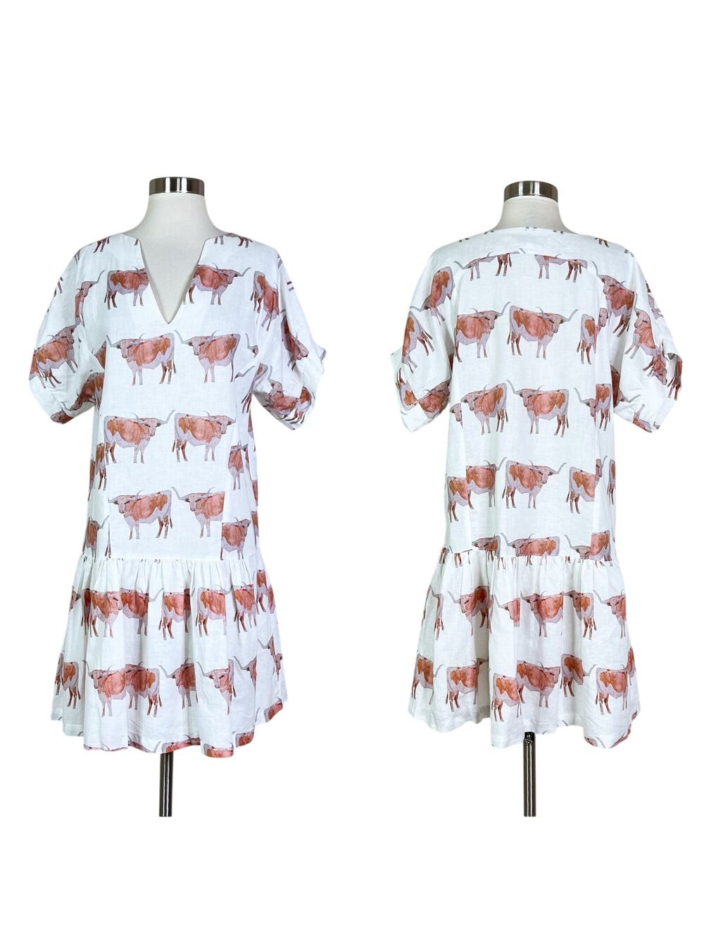Brooke Wright | Ophelia Longhorn Steer Cow Print White Cotton Linen Mini Dress L